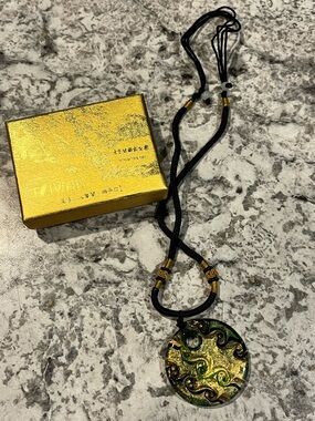 Gold and Green Glass Pendant Necklace